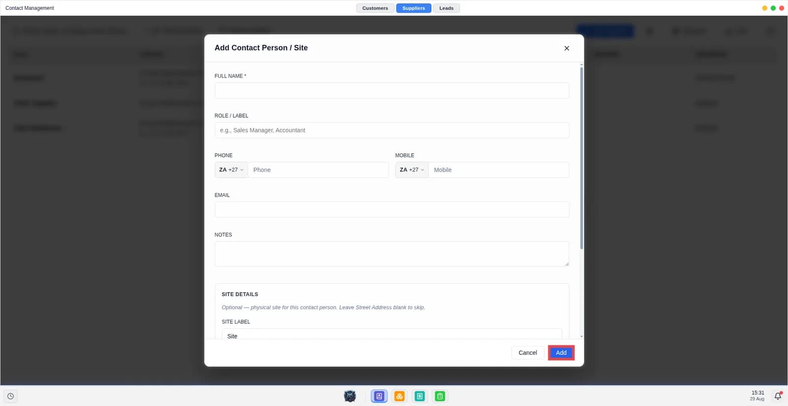 Screen shows the modal to add an additional contact person.