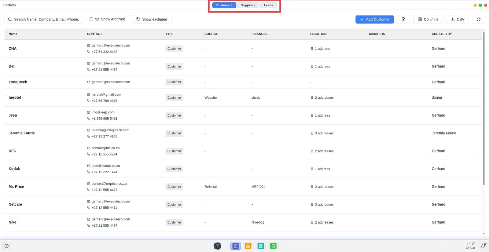Screen shows list of customers and need to select contact type.