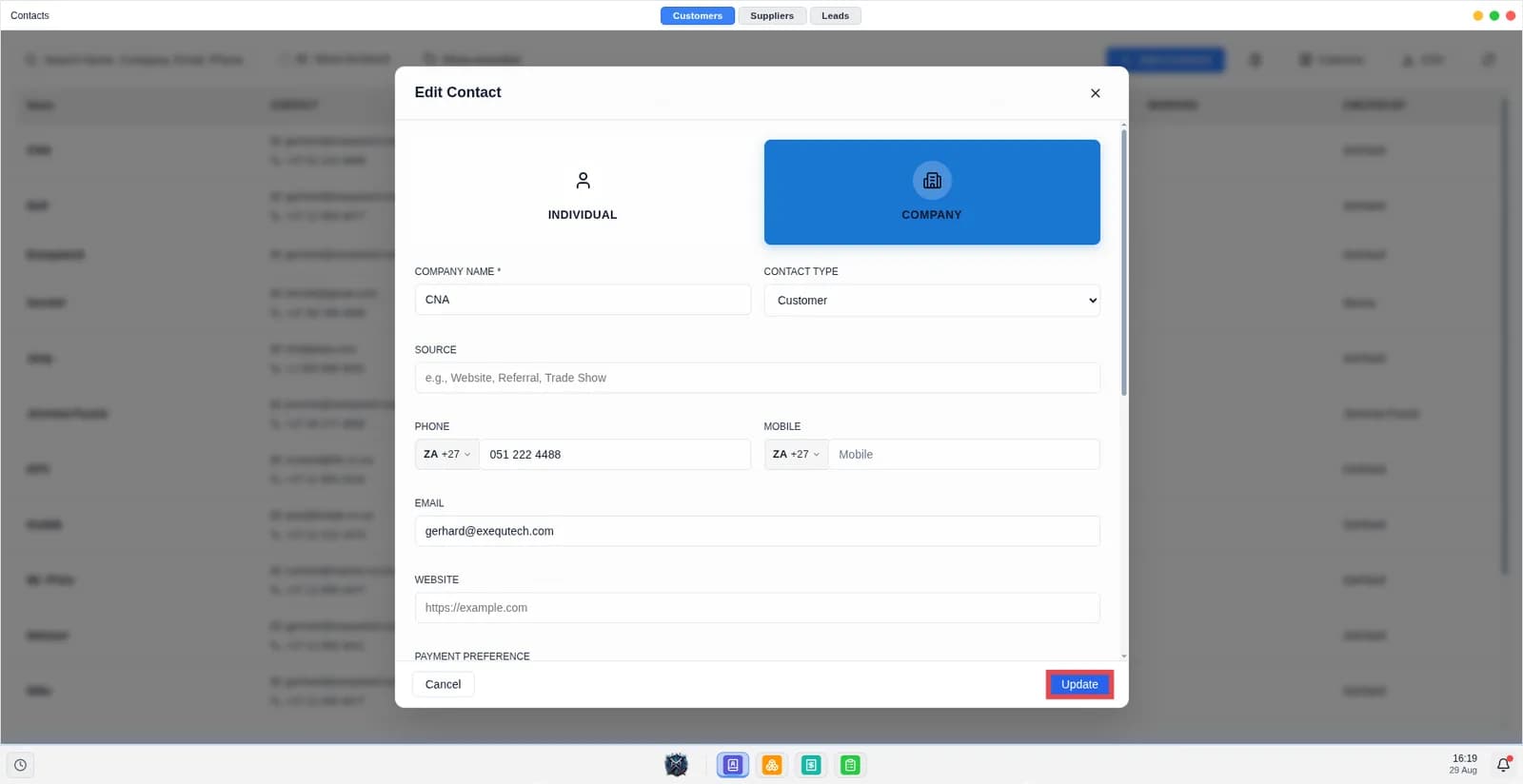 Screen shows customer edit modal.