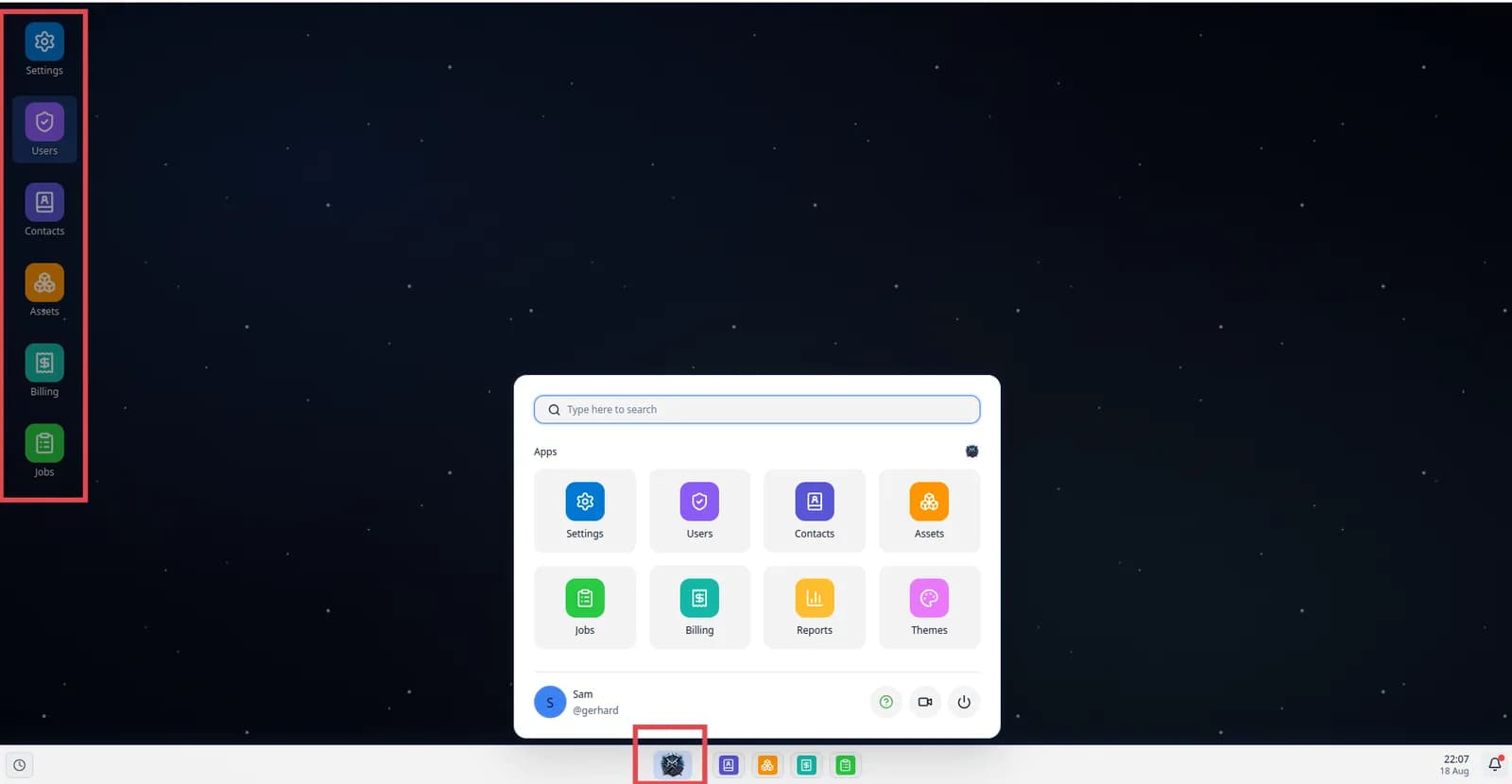 The Exequtech OS home screen with app icons down the left-hand side and the menu button that opens the app panel