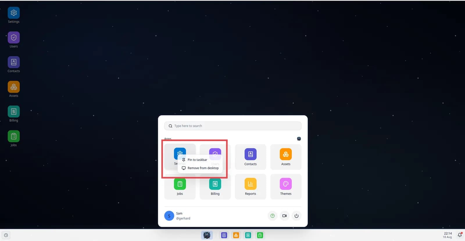 Right-click menu on a desktop icon showing the options to add or remove it from the taskbar or desktop
