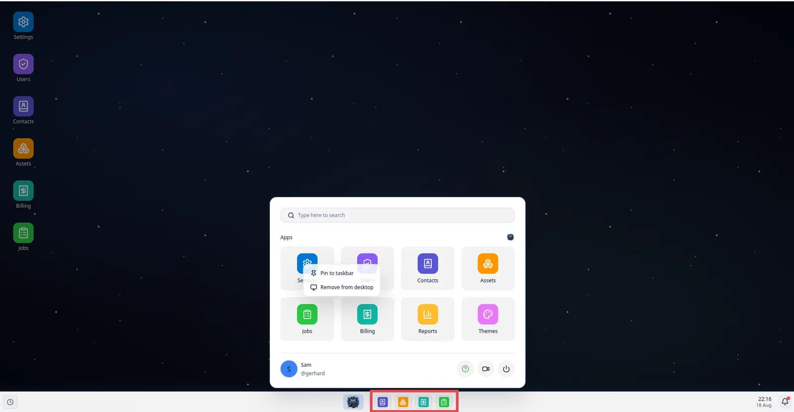 The Exequtech OS taskbar, where a single click opens an app or switches to the tab that is already open