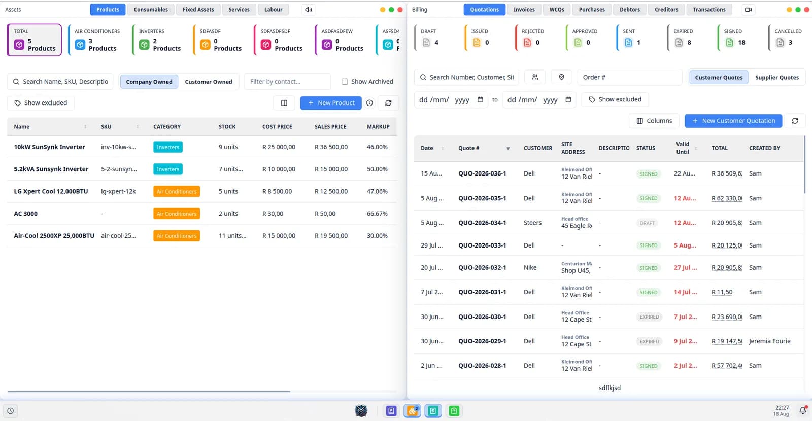 Two Exequtech OS apps snapped side by side so both can be worked in at once