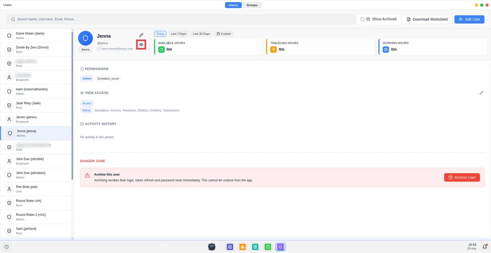Screen showing all the employee names and where the user should click to adjust the settings