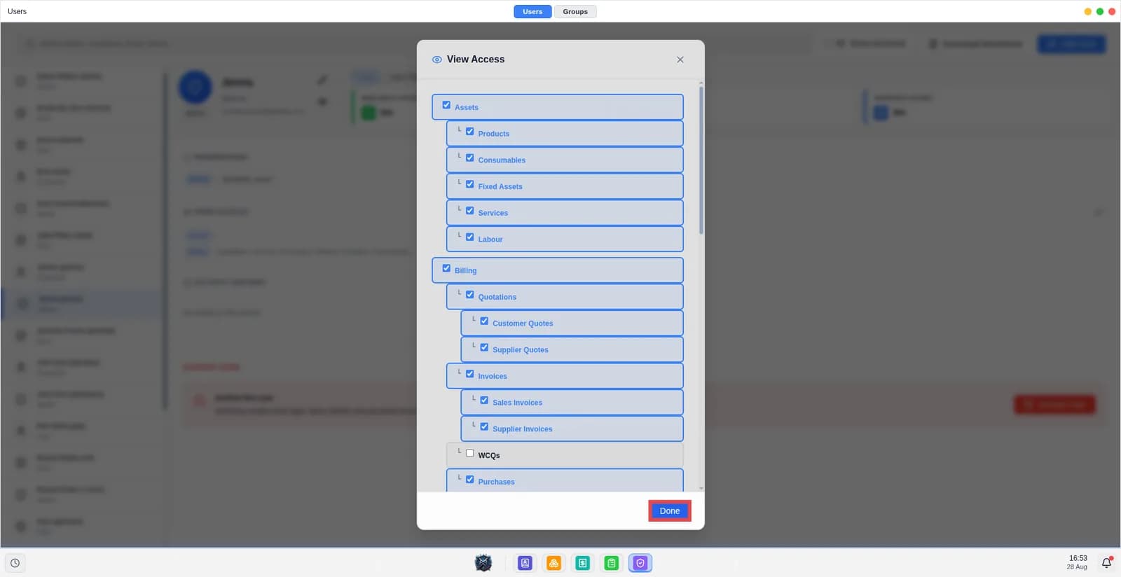 Screen showing all the access rights of the user.