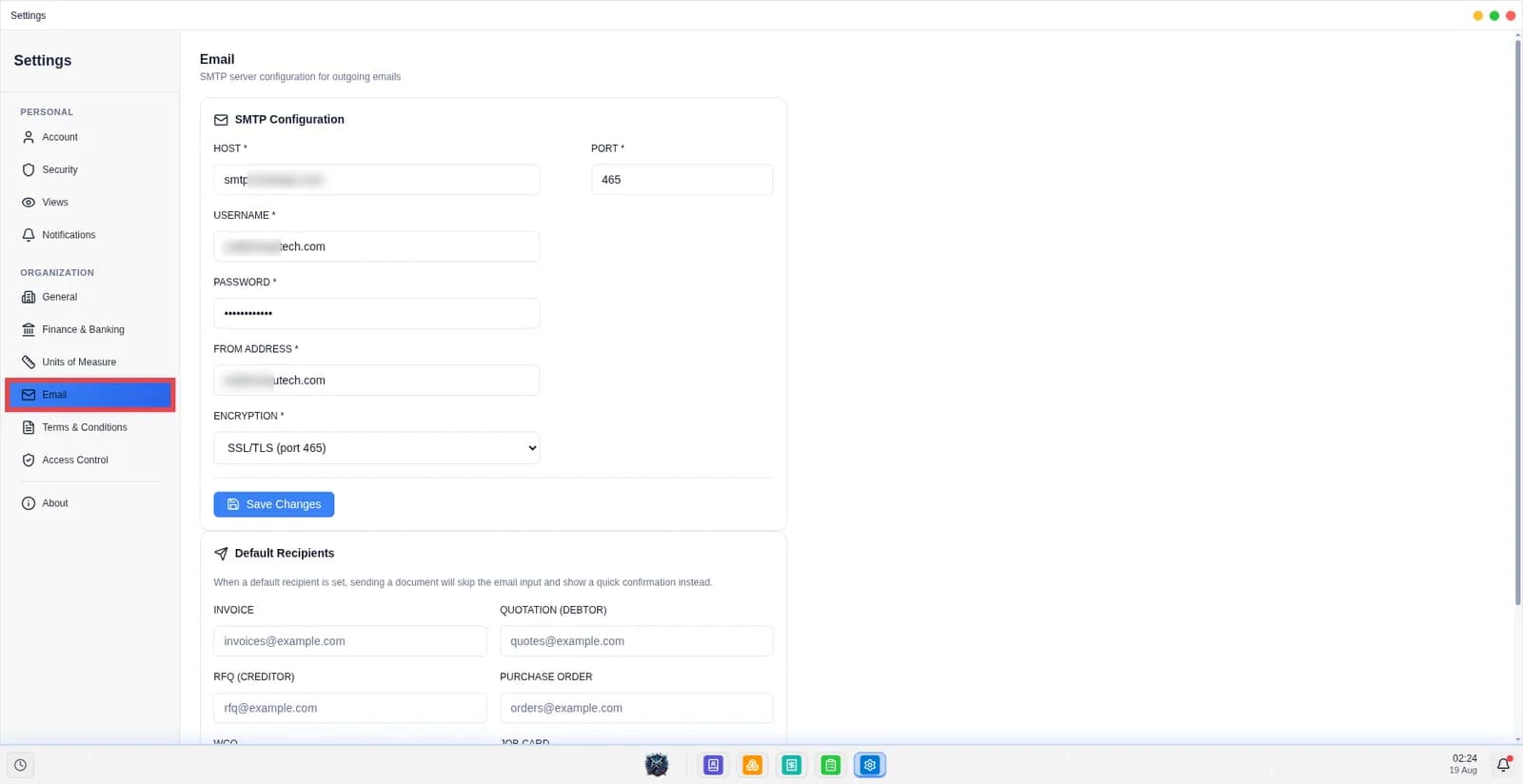 This screen shows the email settings for the company.