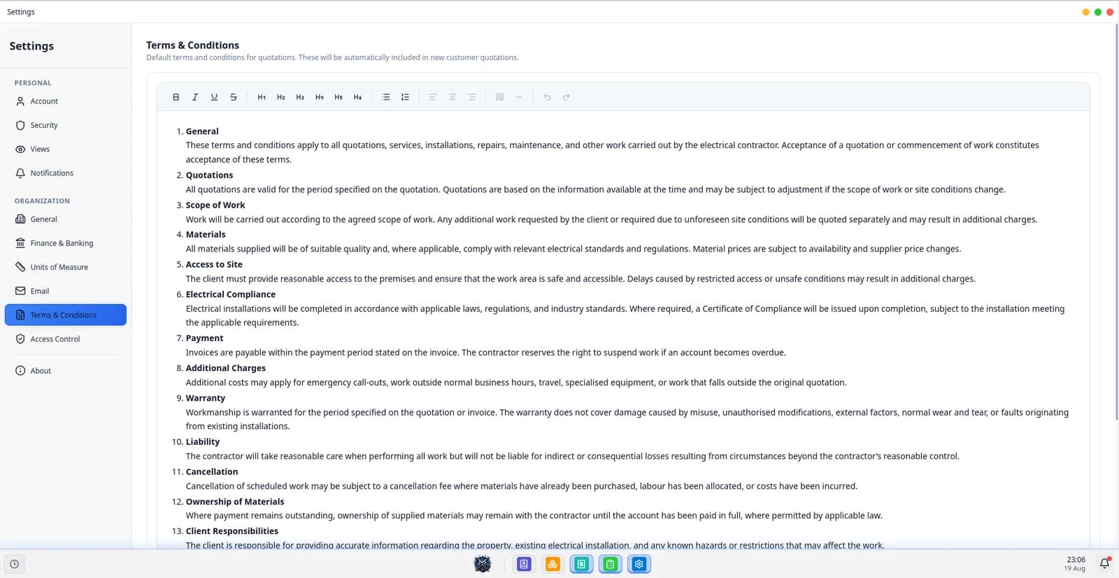 This screen displays the terms and conditions for quotations.