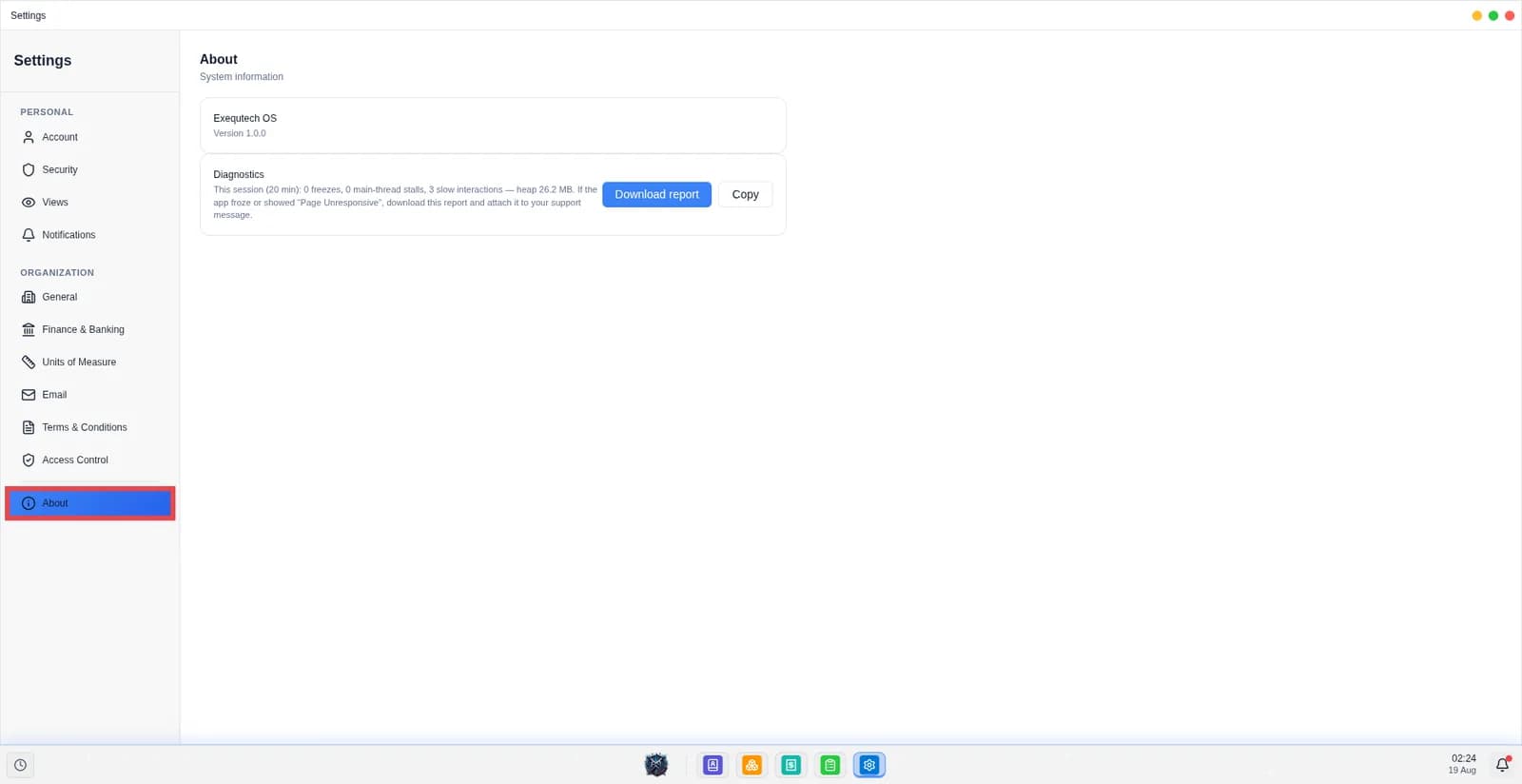 This screen shows the version of the OS and activate or deactivate the developer settings.