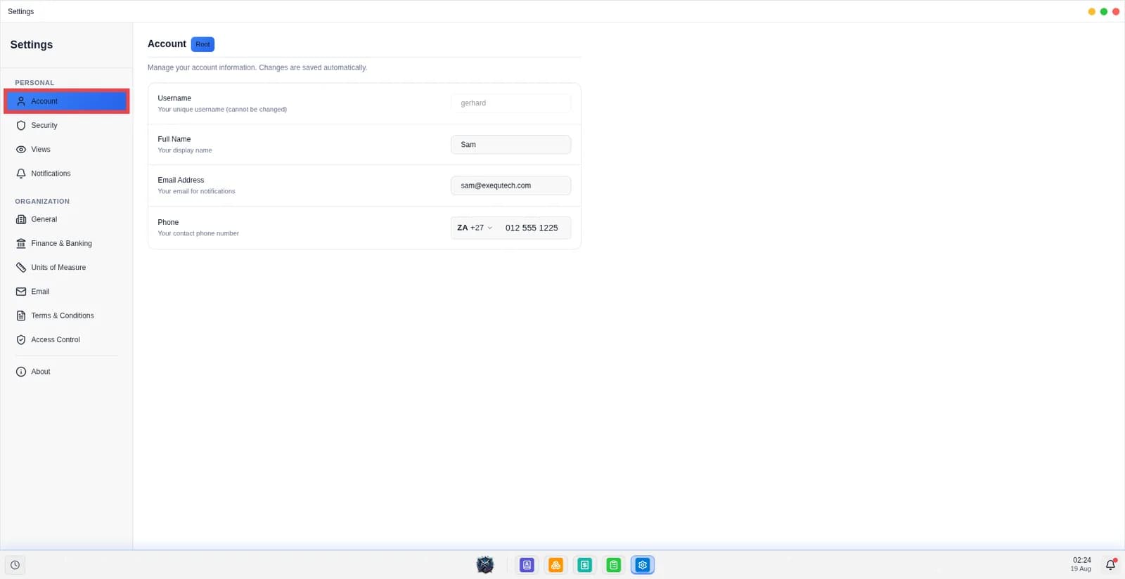 This screen shows the personal account information of the user.