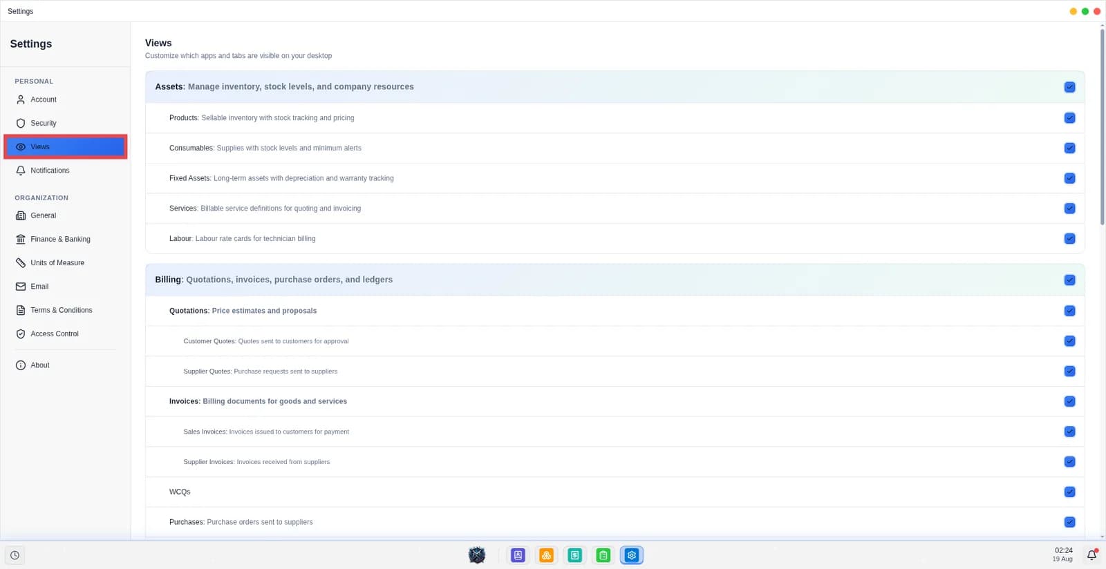 This screen manages the apps and functions that can be seen and accessed in the platform.