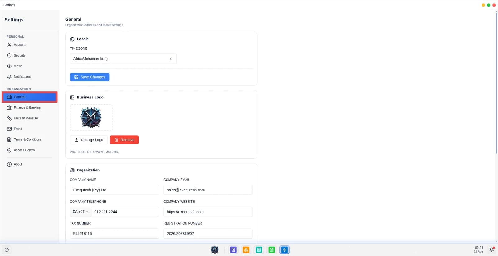 This screen displays the general settings of the company.