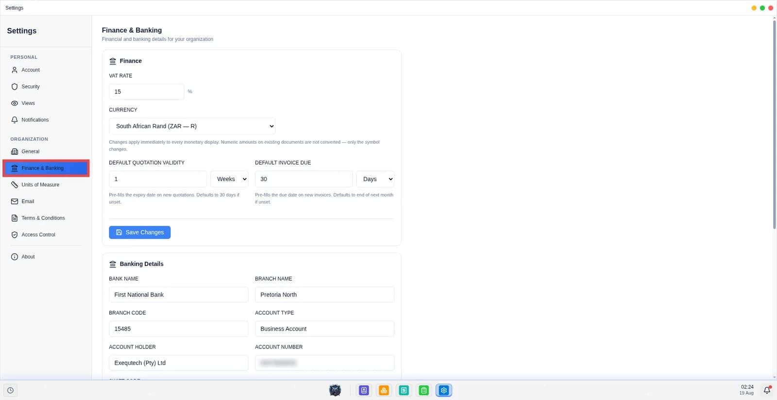This screen displays the finance and banking settings and allows the user to make changes.