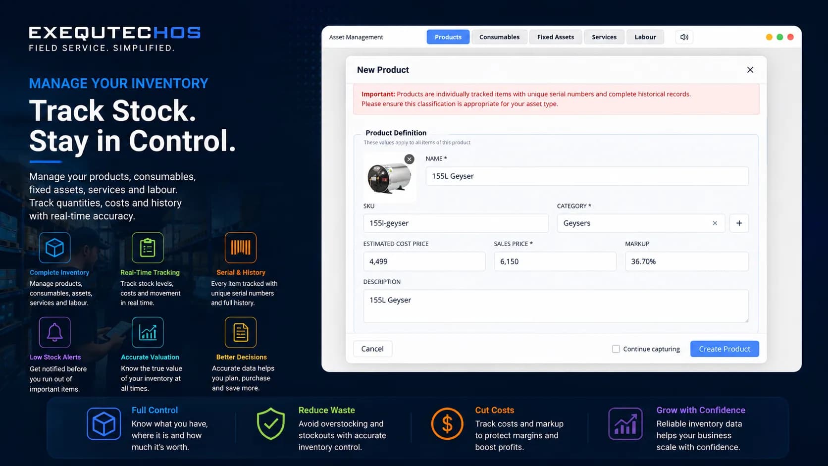 Track stock, stay in control — the New Product form in ExequtechOS asset management with SKU, category, cost, sales price and markup