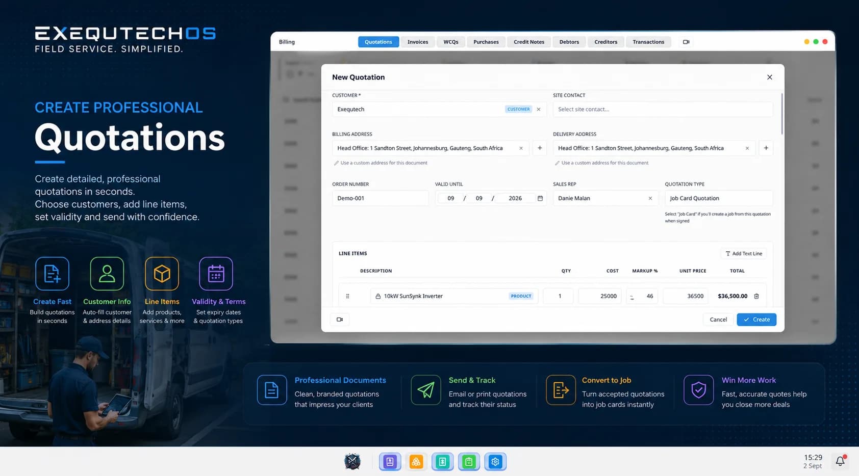 Create professional quotations in ExequtechOS — the New Quotation form with customer, addresses, validity and line items