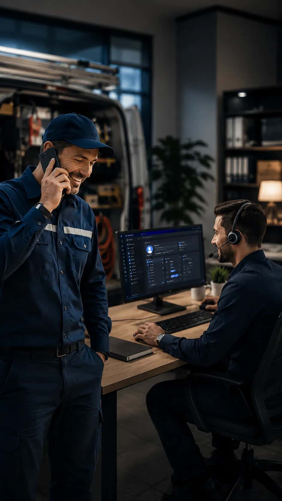 Technician on the phone at his van talking to an office colleague wearing a headset at a computer