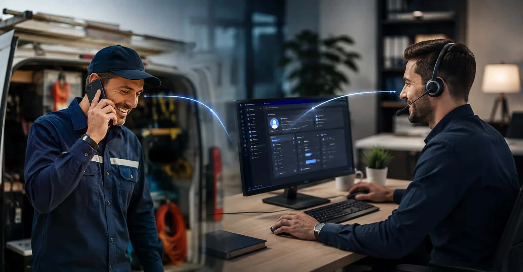 Technician on the phone at his van talking to an office colleague wearing a headset at a computer