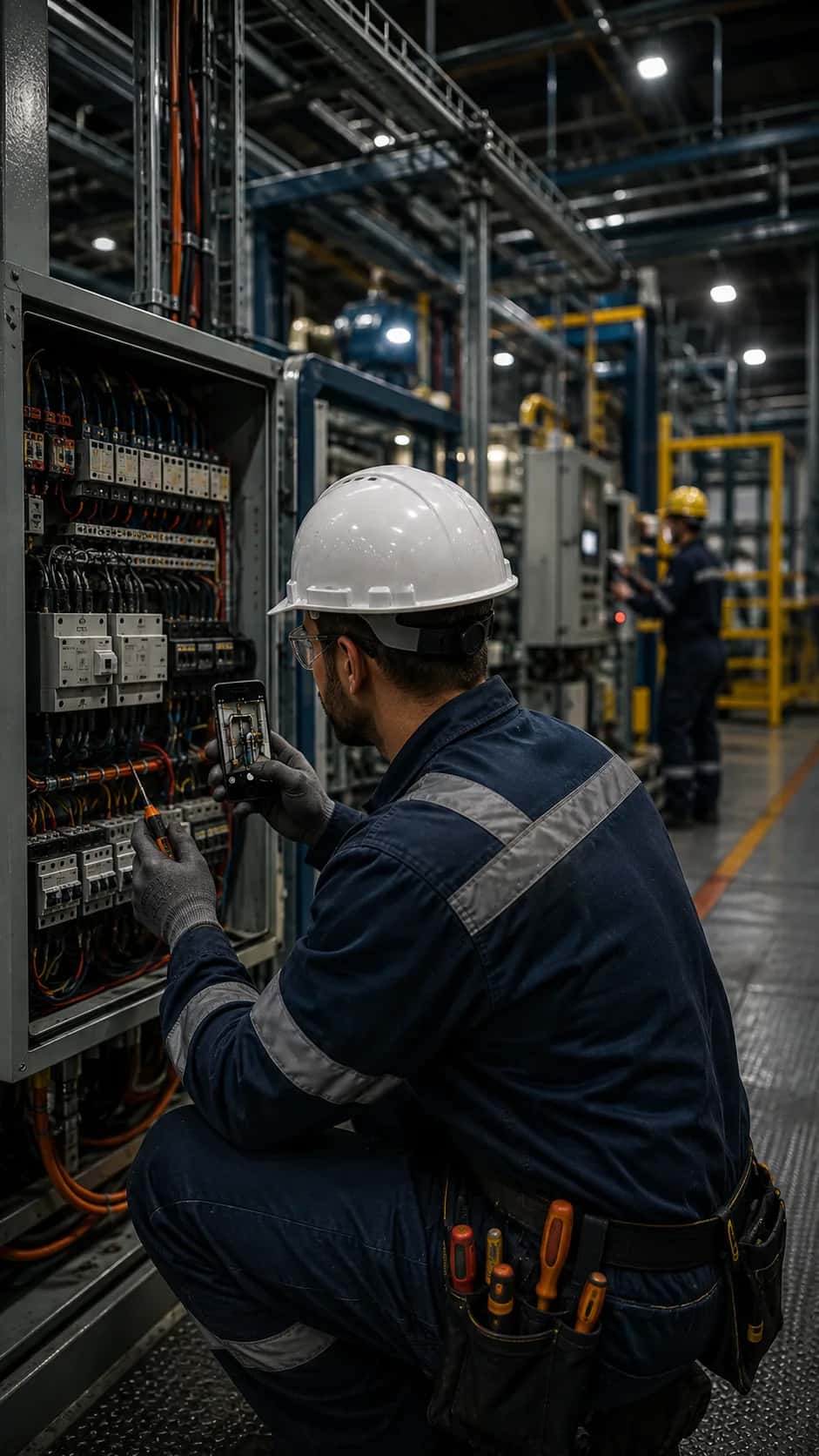 Electrician holding a phone in front of an open distribution board on the wall of a house, with a service van behind