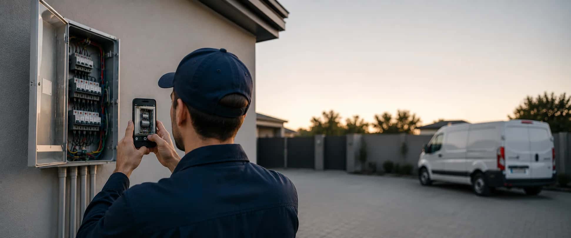 Electrician holding a phone in front of an open distribution board on the wall of a house, with a service van behind