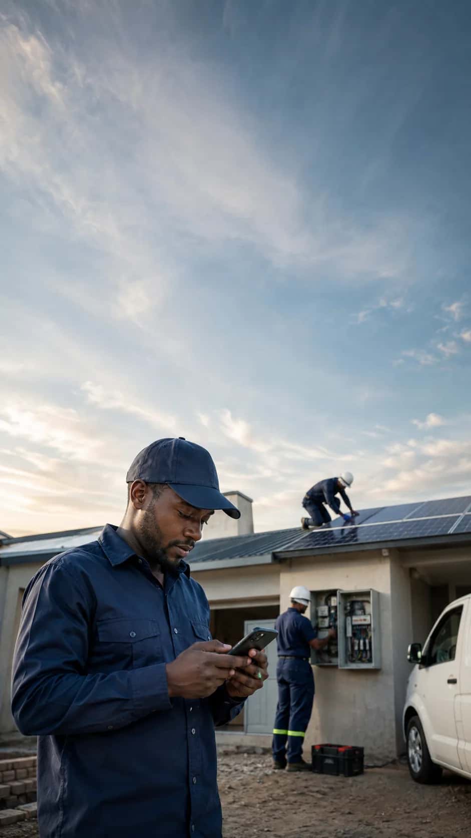 Tradespeople working across a residential building site at sunrise: an electrician, a plumber, a solar installer, an HVAC technician and a security installer, with two service vans behind
