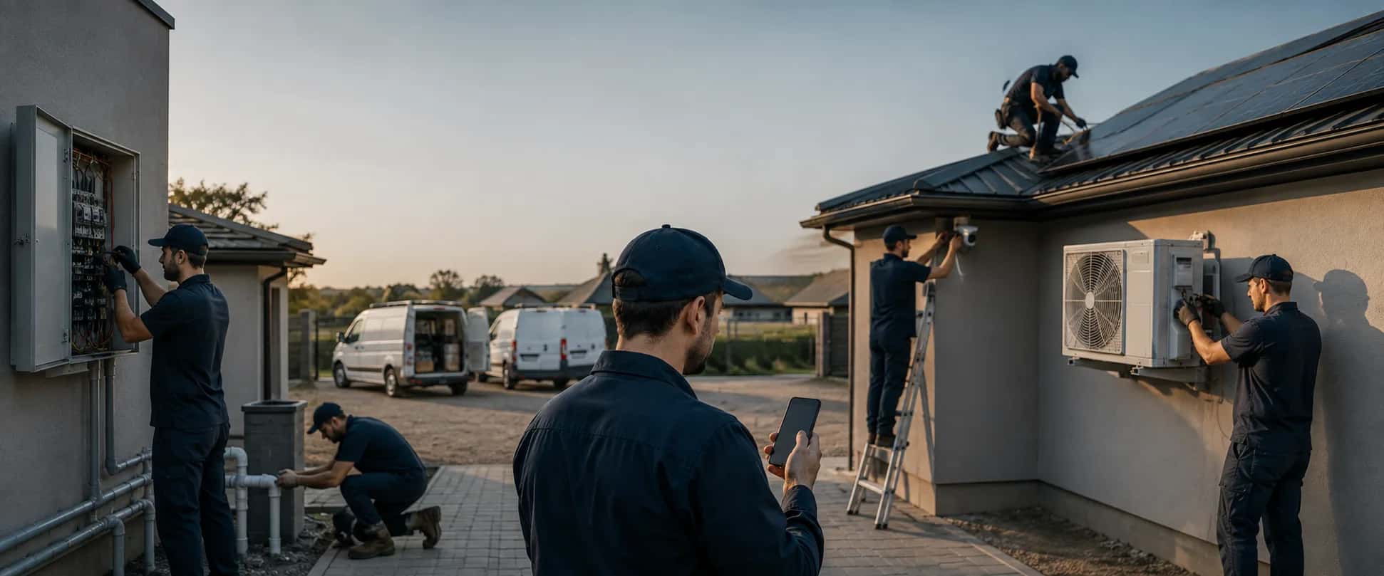 Tradespeople working across a residential building site at sunrise: an electrician, a plumber, a solar installer, an HVAC technician and a security installer, with two service vans behind