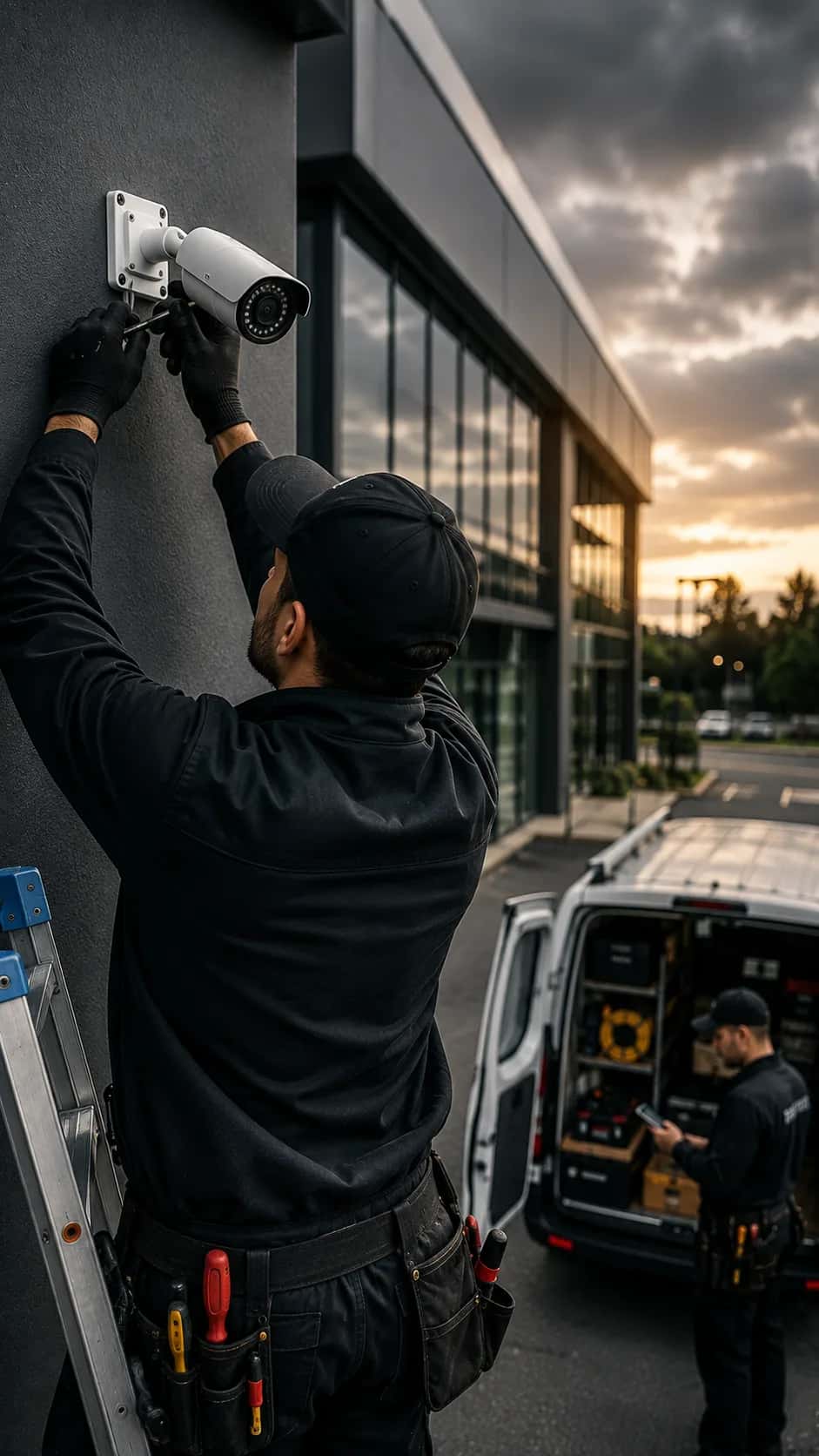 Security installer on a stepladder fitting a CCTV camera under the eave of a house at dusk