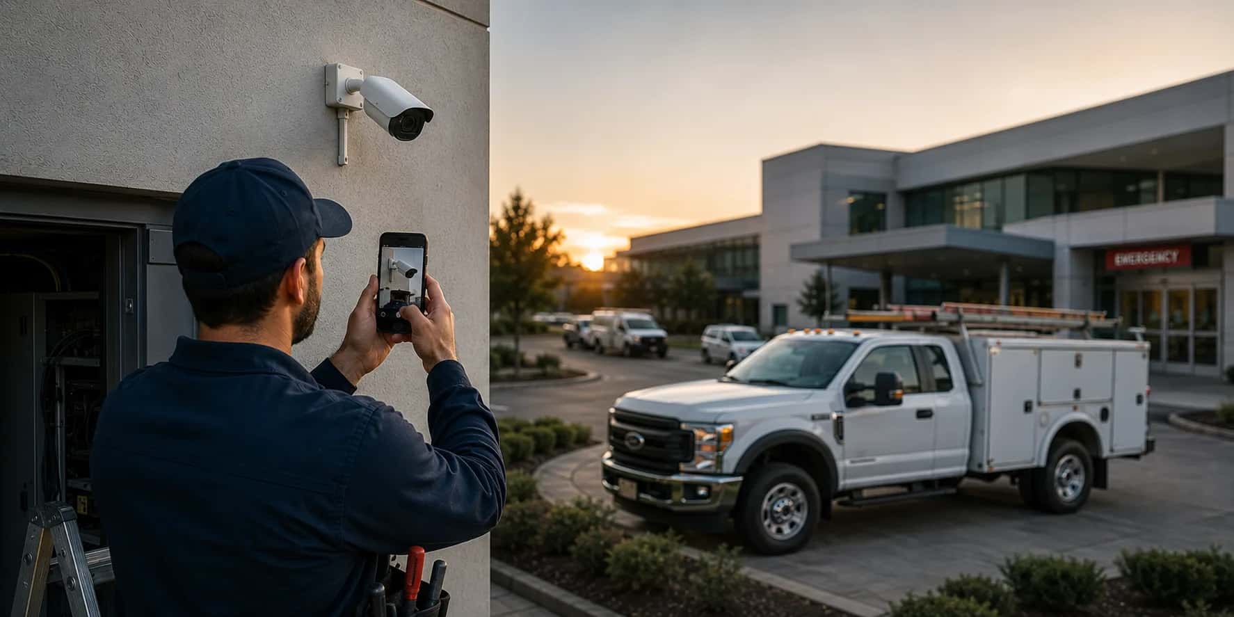 Security installer on a stepladder fitting a CCTV camera under the eave of a house at dusk