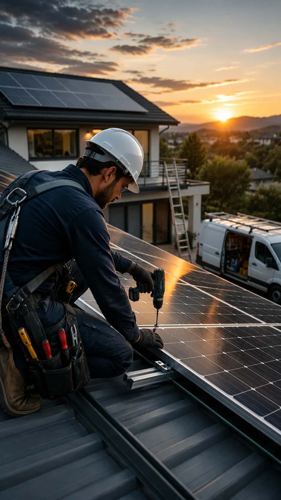 Solar installer with a phone on a roof beside a row of panels, with mountains and a sunset behind