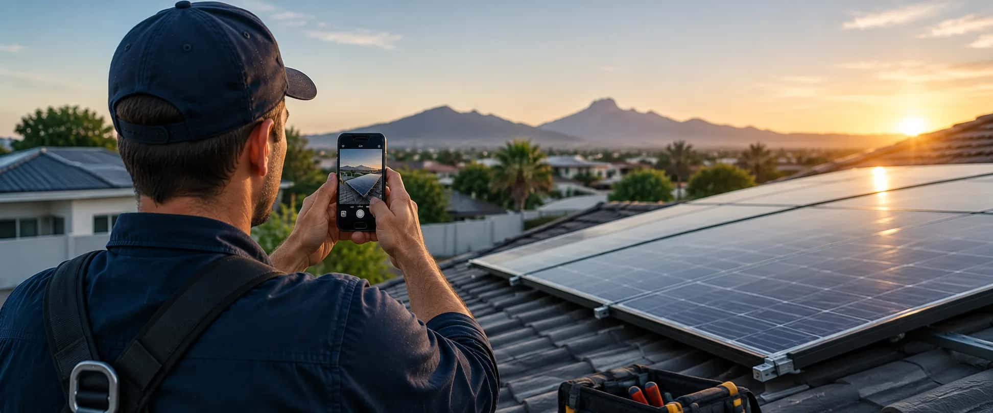 Solar installer with a phone on a roof beside a row of panels, with mountains and a sunset behind