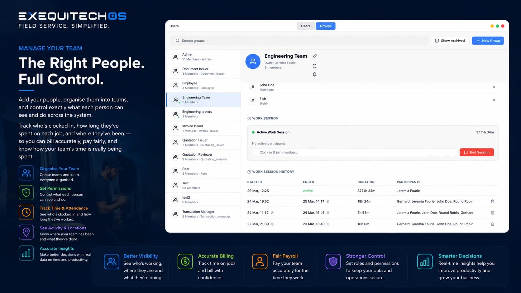 Manage your team in ExequtechOS — users, groups, roles and permissions with live work sessions and clock-in history